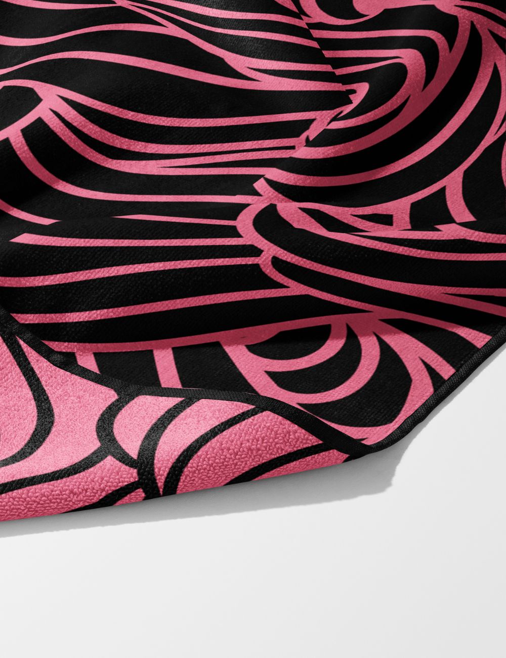 59 Swell Berry pink gym towel – white background, zoomed in bottom right, corner folded to show reverse